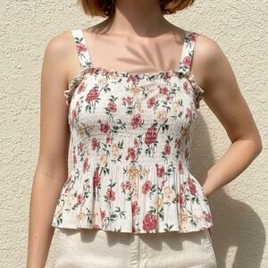 American Eagle Floral Smocked Top Women Large Cream Pink Boho Cottagecore Peplum
